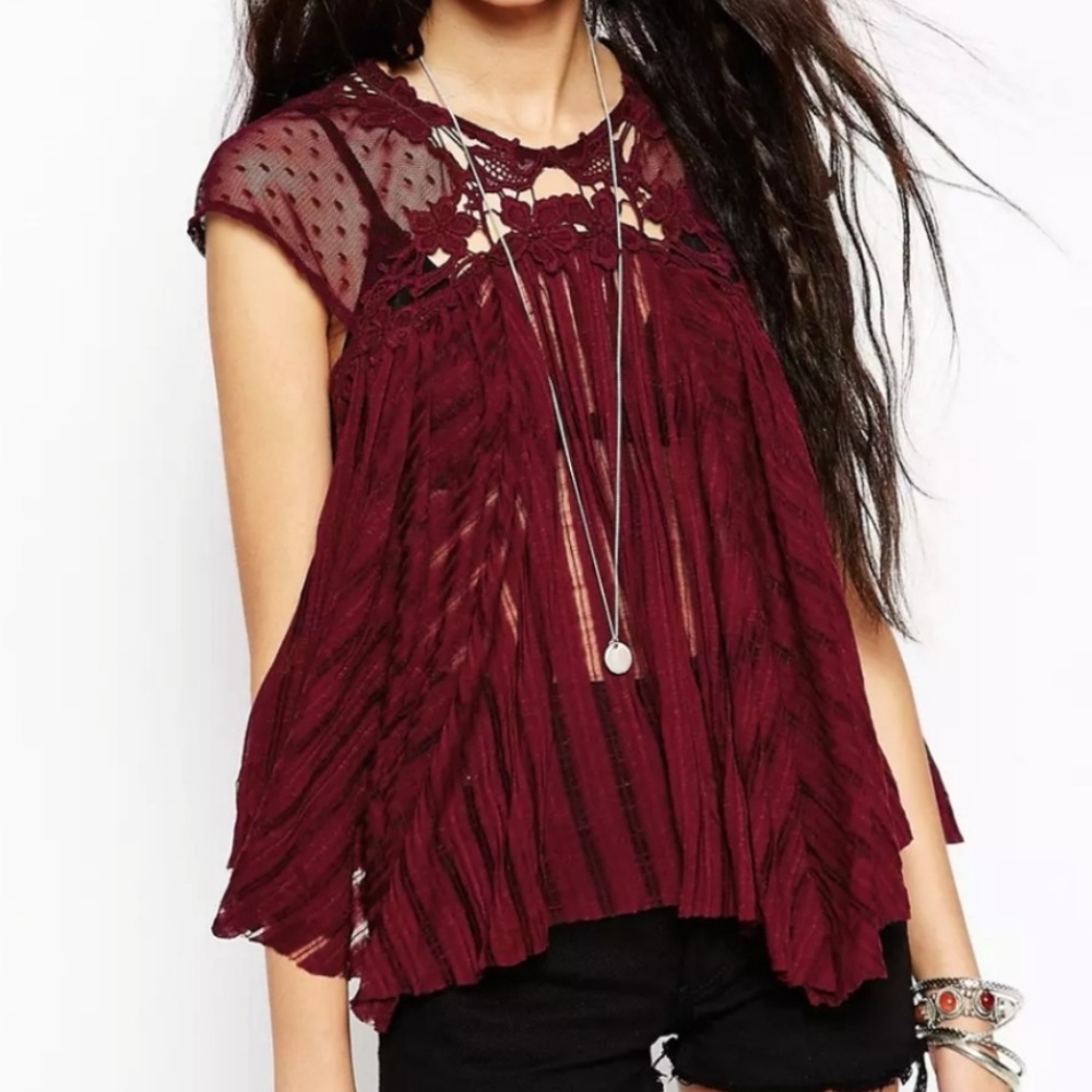 Free People Red Embellished Cap Sleeve Blouse
